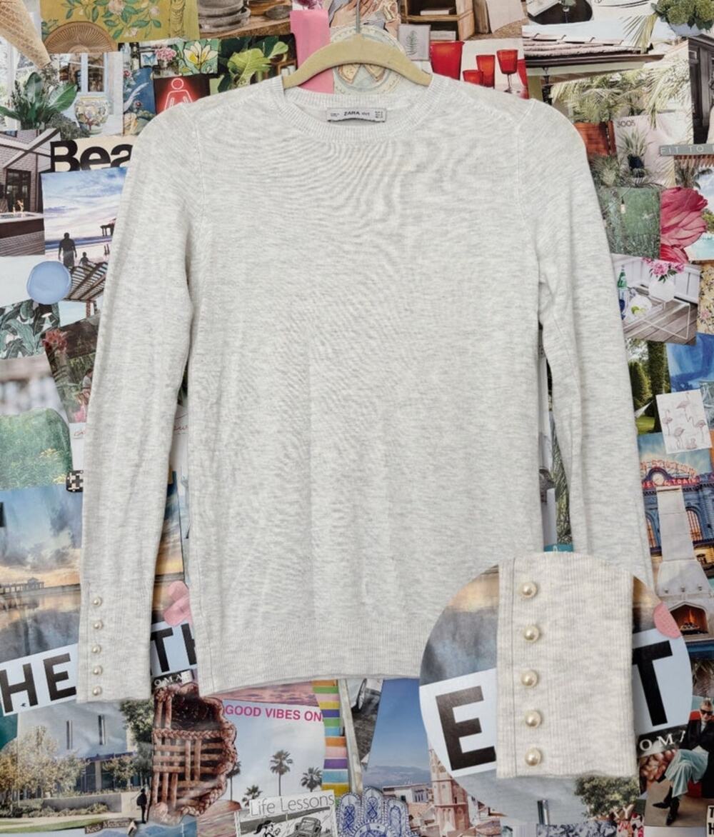 Light Grey Zara Knit Heathered Form Fitting Pearl Crewneck Sweater S